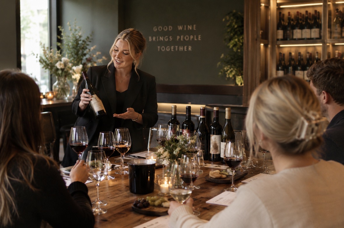 Host presenting wines at a tasting event