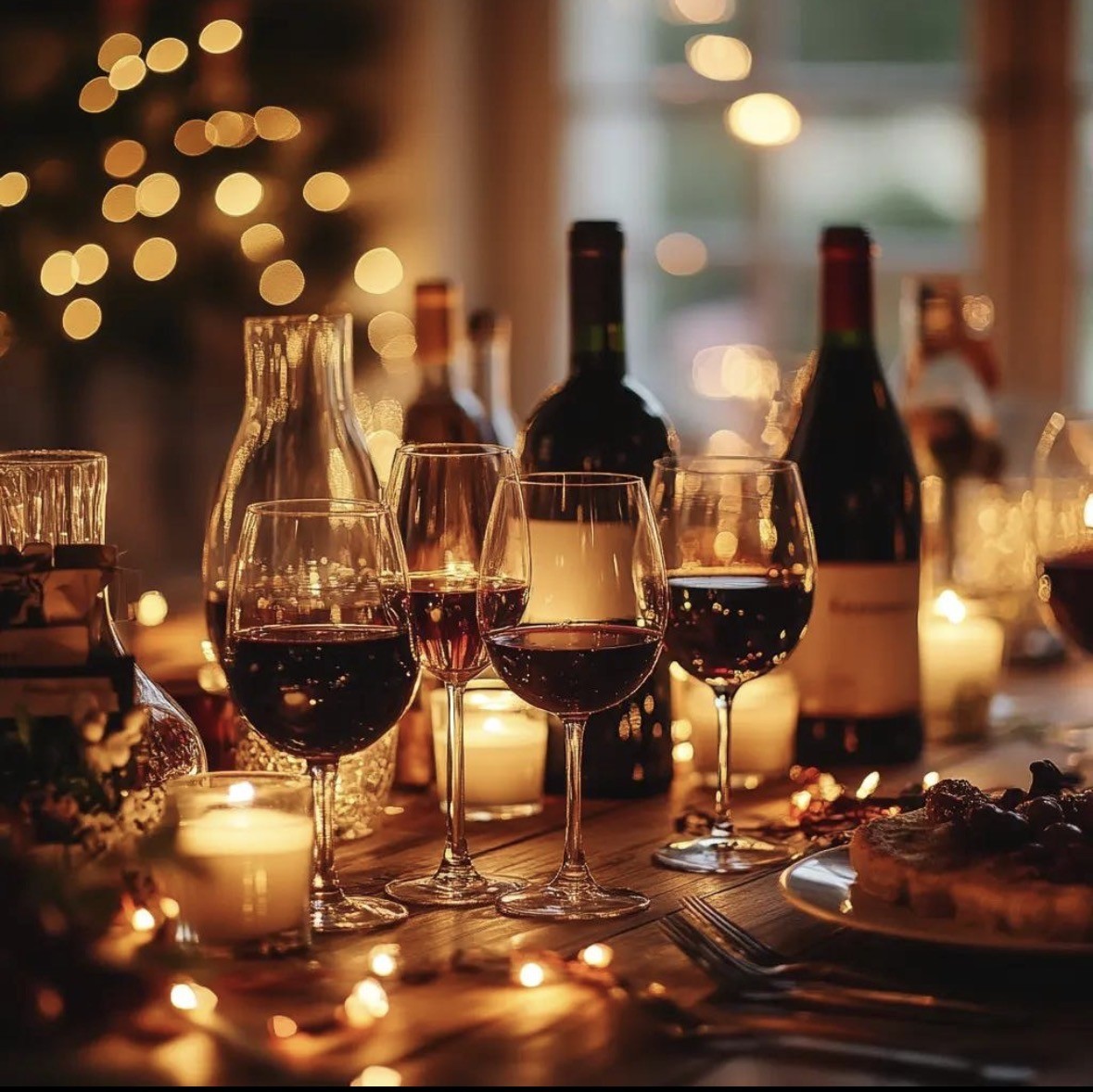 Candlelit dinner table set with wine